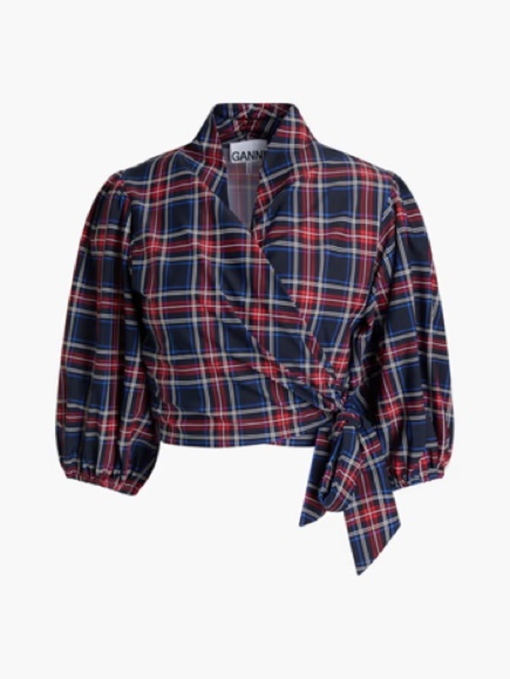 GANNI Plaid Wrap Blouse Size 36 small Cropped Tie Waist Puff Sleeve Cotton Top
